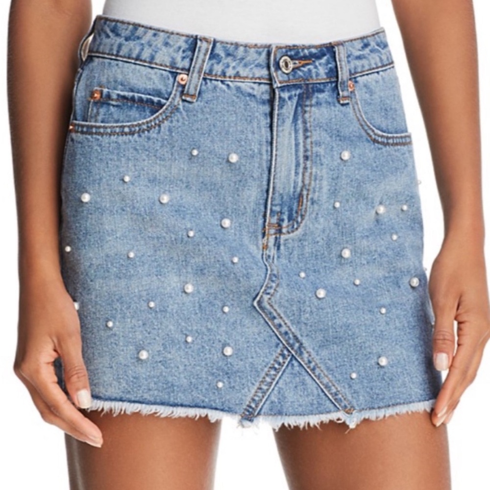 Sunset+Spring Denim skirt frayed hem with pearls